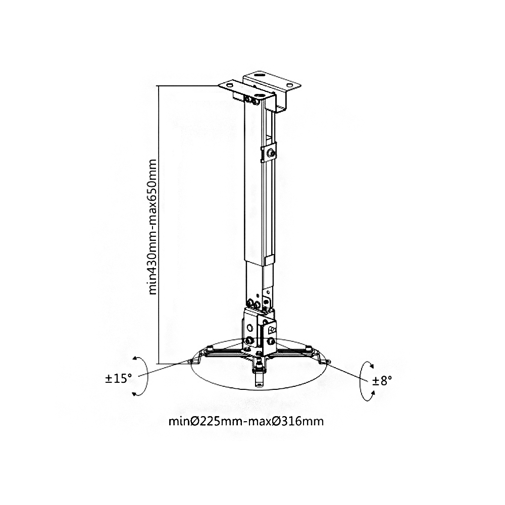 HFTM-PM822: Projector Wall/Ceiling Mount, 4 Arm Tilt & Rotate Adjustable Length 430 to 650mm - Black